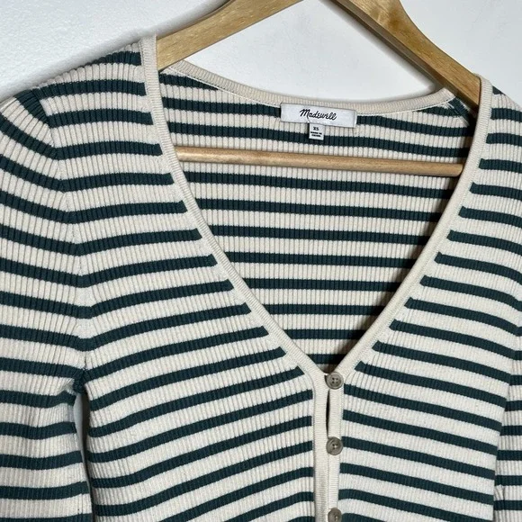 Madewell Ribbed Button Up Knit Top Cream Green Striped Womens XS Long Sleeve - Picture 2 of 7
